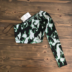 New with Tags ZARA Women’s Black Green Abstract One-Shoulder Crop Top S Trendy